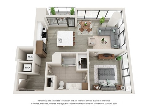 Floor plan for 1 bed, 1 bath, 859 sqft
